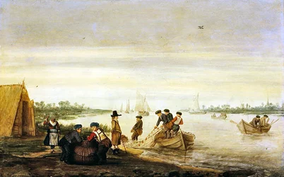 River Scene with Fishermen Drawing Nets