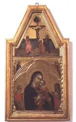 Madonna and Child with St. John the Baptist and St. Catherine, with Crucifixion Scene Above
