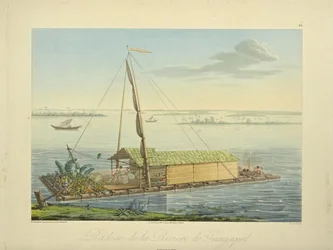 Raft on the River Guayaquil, drawn by Marchais, engraved by Bouquet, illustration from "Vues des Cordillères et Monumens des Peuples Indigènes de l