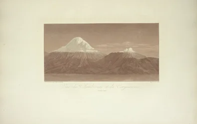View of Chimborazo and Carguairazo, illustration from "Views of the Cordilleras and Monuments of the Indigenous Peoples of America" by Alexander von Humboldt and Aime Bonpland, 1813