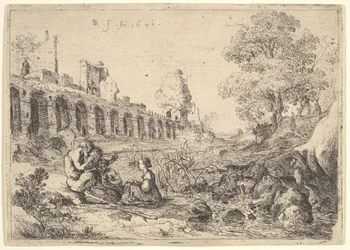 Corsica Seated Before Satyrs on the Bank of a River, from a Pair of Plates for Battista Gu