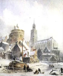 Children Playing on a Frozen River, Deventer Cathedral Beyond