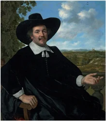 Portrait of Gabriel Marselis, Three-Quarter-Length, Seated, Before a Balustrade, a Landscape with a Country House and a Distant View of Haarlem Beyond