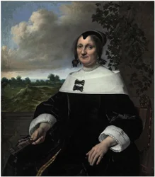Portrait of a Lady, Probably Hester du Pire, Seated Before a Balustrade, Holding a Fan, with a View Out to the Sea Beyond