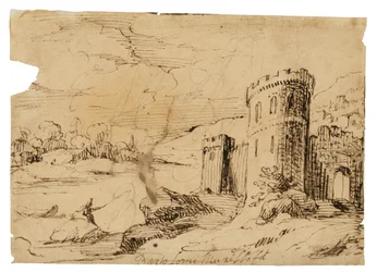 A river landscape with a fisherman near a castle