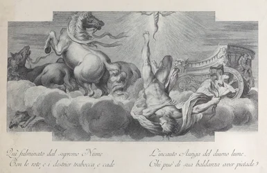 Plate 34: Auriga, the Charioteer, Falls from the Chariot at Center, with Three Horses