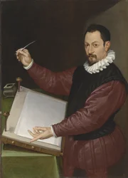Portrait of a scribe in a red doublet and white ruff