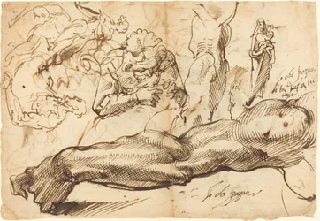 Studies of a Left Arm, a Young Woman, a Madonna and Child, a Face in Profile, and Nude Figures