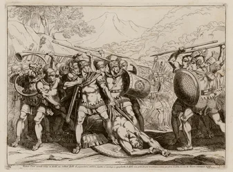 Battle between Romans and Gauls after Marcus Valerius Corvus killed a giant Gaul in single combat, 349 BC