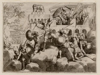 Romans defending the citadel against the Gauls after being warned by the Capitoline Geese, 390 BC