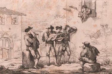 Serenade in Rome, etching by Bartolomeo Pinelli