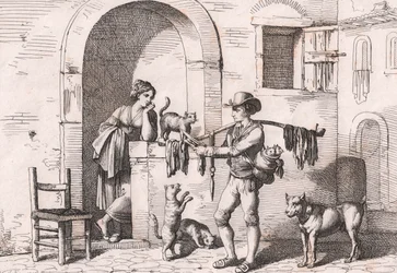 The Carnacciaro, Street Vendor of Cat Meat, Etching by Bartolomeo Pinelli