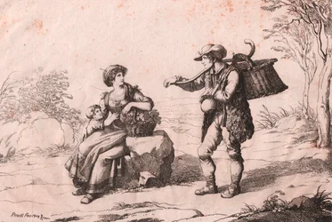 Woman from Pietra Terrazzana in Traditional Costumes, Abruzzo, and Gioncataro, etching by Bartolomeo Pinelli