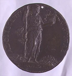 Portrait medal depicting a female figure holding a staff (bronze)