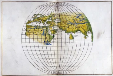 Hemispheric map of the old World, from Europe and Africa to India; showing the divisions of Ptolemy