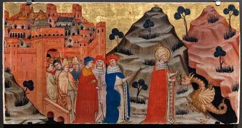 Pope St. Sylvester defeats the dragon of the Tarpeian Rock