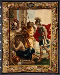 Diogene and Alexander: encounter between the Greek philosopher Diogene de Sinope (413-327 BC) in his barrel and King Alexander the Great (356-323 BC) in Corinth. When the conqueror asked him what he wanted, Diogene answered: Take a little off my sun. Tap