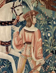 Middle Ages: the beginning for hunting falcon, on horseback. Detail of a silk and wool tapestry from the beginning of the 16th century. From Hainaut. Paris, National Museum of the Middle Ages, Thermes de Cluny