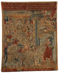 Tapestry, Three Scenes from the Trojan War, or Ulysses and Diomedes as Ambassadors at the Court of King Priam, Claiming the Return of Helen, Made in Tournai