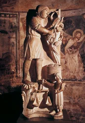 September, sculpture from Cycle of Months, by Benedict Antelami, Baptistery of Parma, Emilia-Romagna, Italy