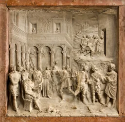 Crypt, Ark of Saints Marcellinus and Peter Exorcist, Benedetto Briosco 1506-08, Saints Marcellino and Peter Before the Judge