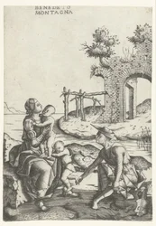 Family Sitting by the Waterside Near Ruin