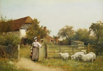 Young Girl with Sheep, by a Cottage