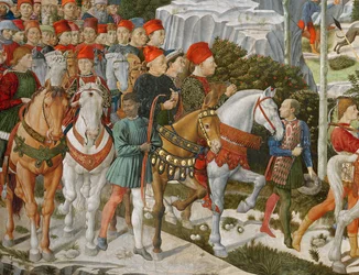 Galeazzo Maria Sforza, Duke of Milan (1444-76), extreme left, on a brown horse and Sigismondo Pandolfo Malatesta, ruler of Rimini (1417-68) beside him on a grey horse (detail)