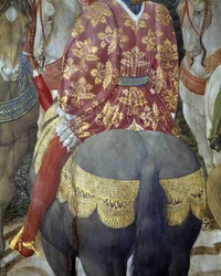 Knight on horseback in sumptuous attire, (detail) from the Adoration of the Magi