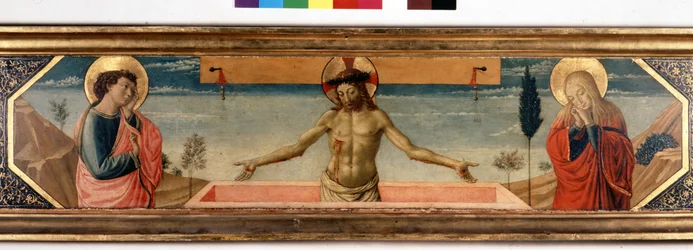 Predella with Christ in Pietà and Saints. Painting by Gozzoli Benozzo (detail)