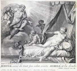 Jupiter (Zeus) burns Semele with his lightning. Engraving of the 18th century after the drawing of B. Picart made in 1708.