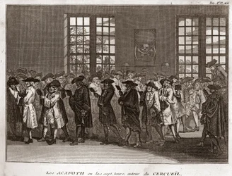 A congregation of Jewish mourners performing the Acafoth at a funeral Engraving from Illustration de ceremonies et customs religieuses de tous les peuples du monde by Bernard Picart (1723-1743) 1819 Private collection