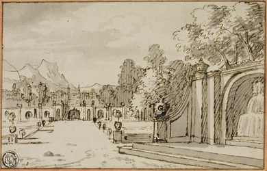 Formal Garden with Fountain in Foreground