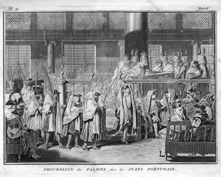 Judaism: Procession of the palms celebrated in the Jewish Portuguese community Engraving from Illustration de ceremonies et customs religieuses de tous les peuples du monde by Bernard Picart (1723-1743) 1819 Private collection