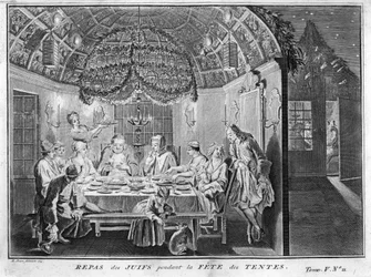 Judaism: meal for the Jewish people during Sukkot feast of the tabernacles or booths) Engraving from Illustration of ceremonies and customs religious of all peoples of the world by Bernard Picart