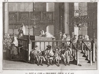 Judaism: the sound of the horn on the first day of the year (sound of the shofar on Rosh Hashana) Engraving from Illustration of religious ceremonies and customs of all peoples