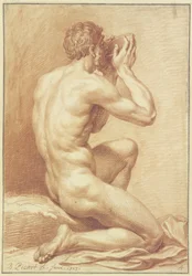 Kneeling Male Nude Drinking from a Bowl