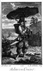 Representation of Robinson Crusoe on his deserted island. Engraving by Bernard Picart (1673-1733) illustrating the novel by Daniel Defoe (1660-1731)