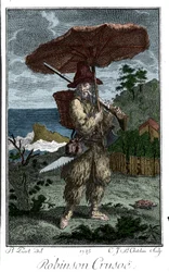 Representation of Robinson Crusoe on his deserted island. Engraving by Bernard Picart illustrating the novel by Daniel Defoe
