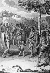 Ritual ceremony, with snake in foreground, Guinea, from Histoire Generale des Ceremonies, moeurs, et coutumes religiousness de tous les peuples du monde, by Antoine Banier and Jean Baptiste Le Mascrier