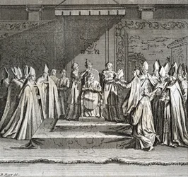 Solemn Inauguration of the Pontificate Representation of the coronation of the pope) Engraving from Illustration of ceremonies and religious customs of all peoples of the world by Bernard Picart