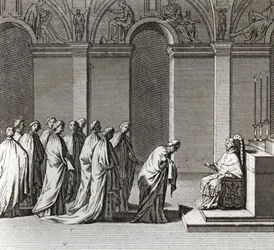 Solemn Inauguration of the Pontificate: The Adoration of the Pope in the Sistine Chapel (Papal Inauguration: Worshiping of the Pope in the Sistine Chapel) Engraving from Illustration of Ceremonies and Religious Customs of All Peoples of the World