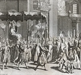 Solemn Inauguration of the Pontificate: the burning of a cloth Engraving from Illustration de ceremonies et customs religieuses de tous les peuples du monde by Bernard Picart (1723-1743) 1819 Private collection
