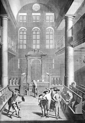 The Penitence of the German Jews in their Synagogue, flogging at Yom Kippur, the Day of Atonement - The scene probably takes place in Amsterdam, in an Ashkenazi synagogue
