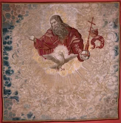 Flemish tapestry. Series Dais of Charles V (Baldachin of Margaret of Austria). God the Father and the Holy Spirit. Tapestry baldachin of the dais. Model Bernard van Orley (1491-1542). Manufacture Pieter de Pannemaker.