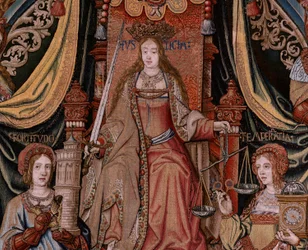Flemish tapestry. Series The Honours. Justice. Ninth tapestry in the series. Model Cartoonists from the circle of Bernard van Orley and Jan Gossaert. Manufacture Pieter van Aelst, Brussels. Ca 1550
