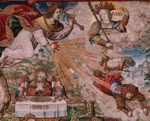 Flemish tapestry. Series The Honours. Justice. Ninth tapestry in the series. Model Cartoonists from the circle of Bernard van Orley and Jan Gossaert. Manufacture Pieter van Aelst, Brussels. Ca 1550