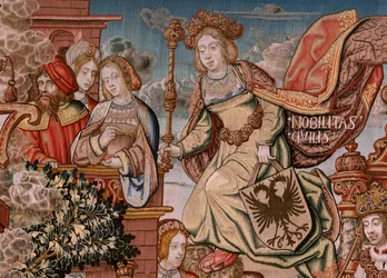 Flemish tapestry. Series The Honours; Nobility. Fourth tapestry in the series. Model Cartoonists from the circle of Bernard van Orley and Jan Gossaert. Manufacture Pieter van Aelst, Brussels. Ca 1550