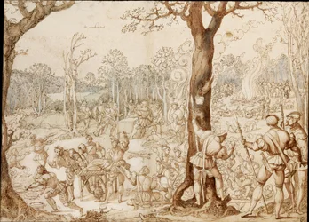 Sharing Out the Game (banquet scene in the forest during a hunting day) - Work by Bernaert van Orley (1488-1541)