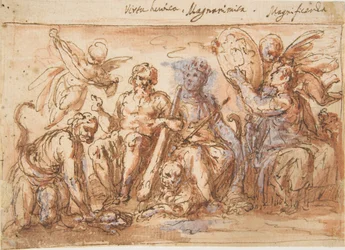 Allegorical Figures: Force, Hercules Strangling the Hydra, Plenty, and Fame